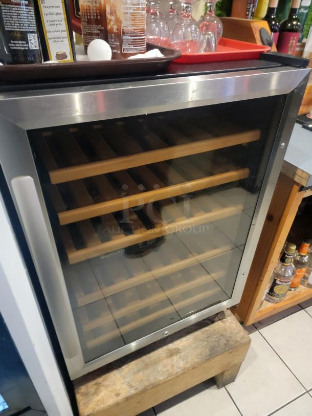 Eurodib USF-54D dual-zone wine cooler, 45-bottle capacity, stainless steel trim, glass door, wood shelves, eco-friendly refrigerant.