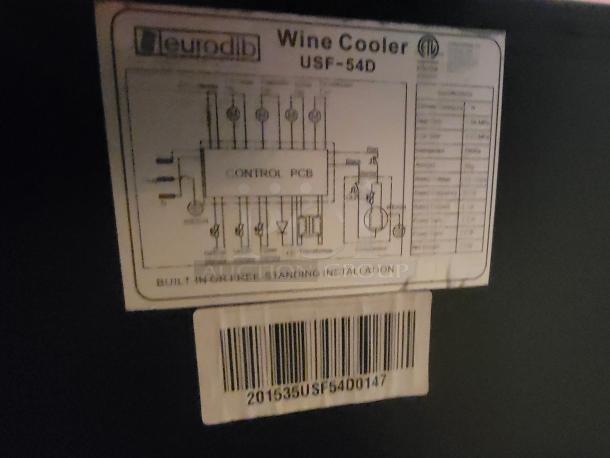 Eurodib USF-54D wine cooler label, showing dual-zone control diagram and specs, barcode 201635USF54D0147.