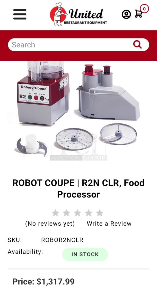 Robot Coupe R2NCLR 3-quart commercial food processor, includes bowl, S-blade, continuous feed head, slicing disc.