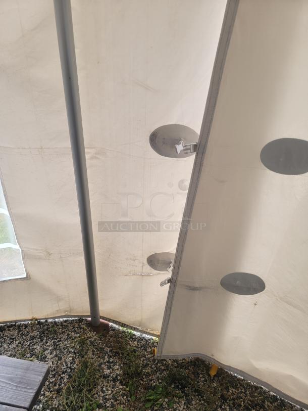 Premium 20'x40' West Coast Frame Tent by Tent and Table, model BT-FW24WT3P. White vinyl, aluminum frame, excellent condition.