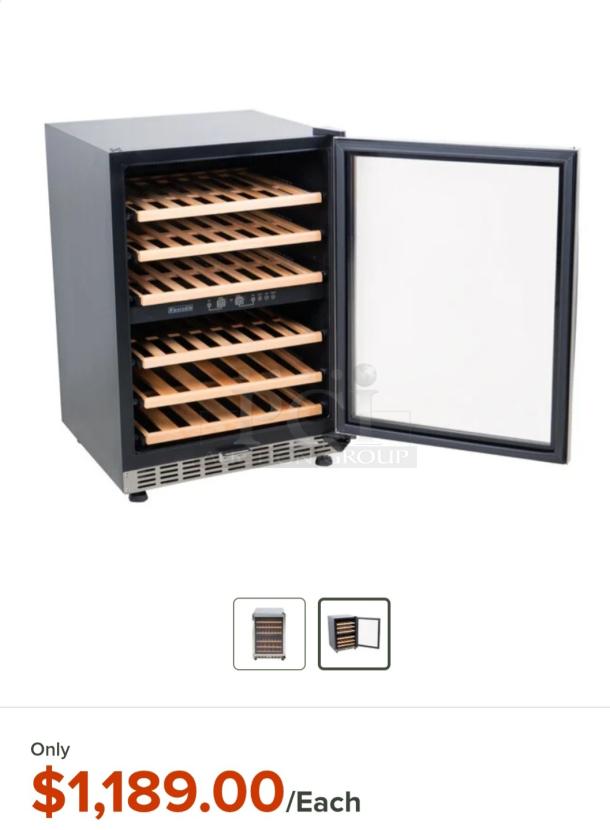 Eurodib USF-54D wine cooler, holds 45 bottles, dual-zone, glass door, stainless trim, wood shelves, eco-friendly refrigerant.