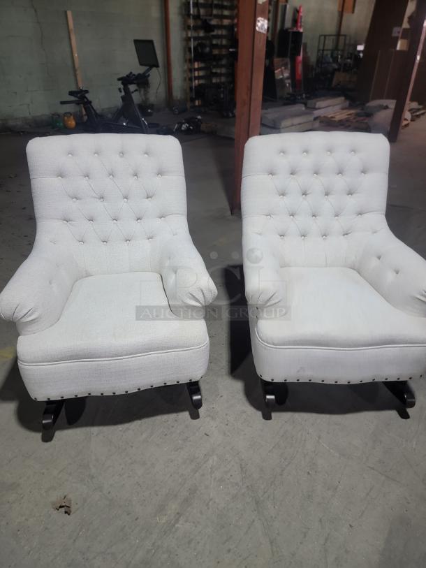 Universal Furniture rocking chair set, diamond-tufted backs, stud trim, upholstered. Elegant, perfect for luxurious spaces.