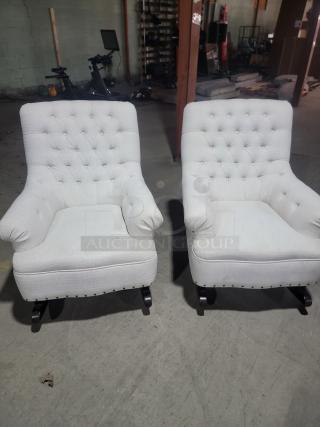🥃 HIGH-END ROCKERS! Relax & Rock 🍻 2-Piece Rocking Chair Set - Man Cave / Restaurant Ready! ​Elevate your space with this gorgeous pair of Universal Furniture upholstered rocking chairs! These aren't your typical porch rockers—they feature a sophisticated club chair profile with elegant diamond-tufted backs and stud trim, making them perfect for high-end lounges, upscale restaurants, cozy nurseries, or a luxurious man cave/media room. - Item #1218967