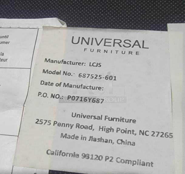 Label from Universal Furniture rocking chair set, Model 687525-601, made in Jiashan, China. Suitable for upscale settings.