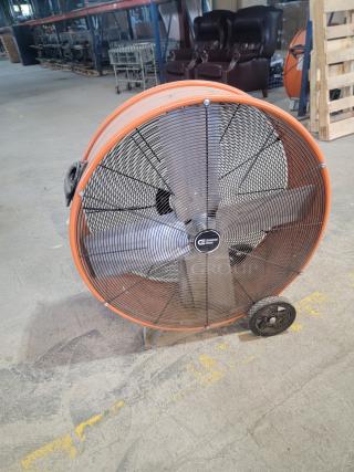 Commercial Electric 30-inch drum fan, model 1002 818 406, in rugged pre-coated steel housing with wheels, tested and working.