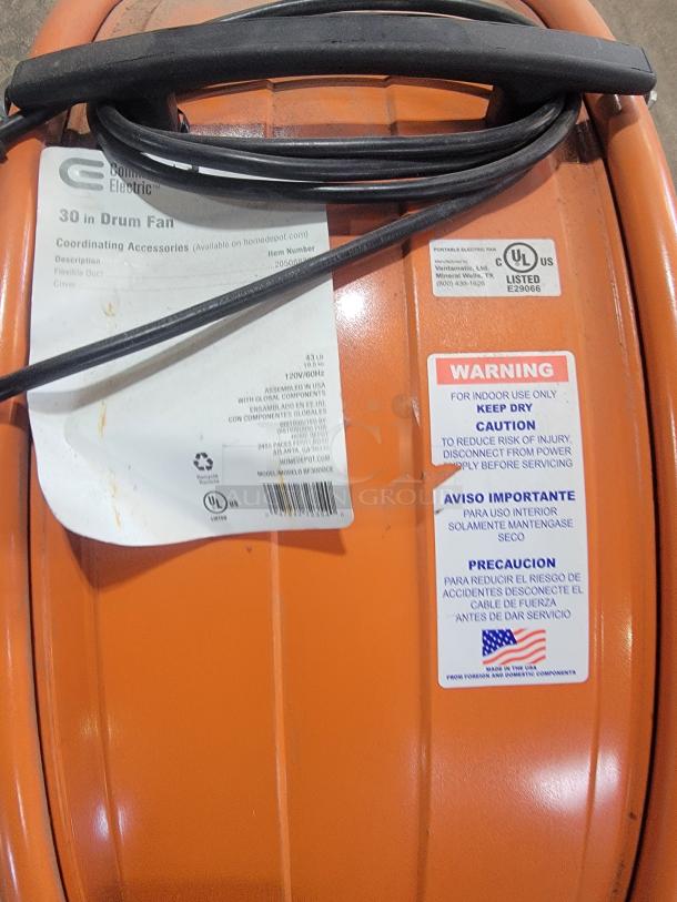 Commercial Electric 30" Drum Fan, model 1002 818 406, with rugged steel housing and wheels. Tested and working.