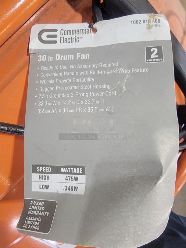 Commercial Electric 30-inch Drum Fan, model 1002 818 406. Heavy-duty steel housing, two speeds, portable wheels, tested working.