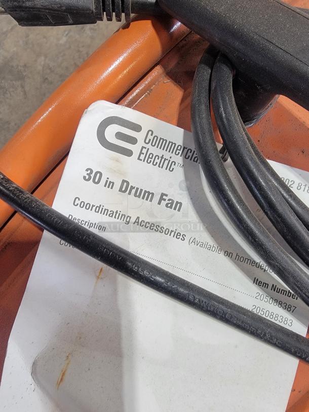 Commercial Electric 30-inch drum fan, model 1002 818 406, with rugged steel housing. Tested and working.
