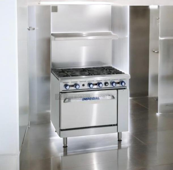Imperial 6-burner gas range, model IR-6, in outstanding condition. Features standard oven and natural gas compatibility.