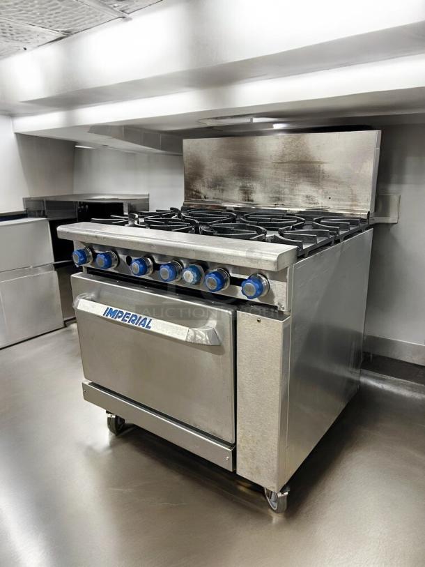 Imperial IR-6 Gas Range, 6 burners, standard oven, outstanding condition, natural gas, fully tested, Imperial logo visible.