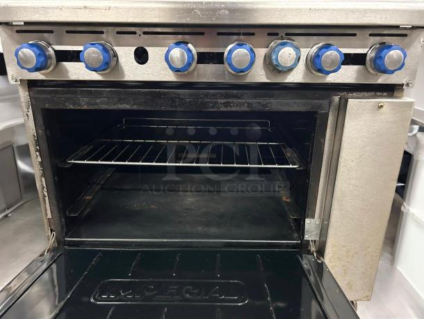Imperial IR-6 6-burner gas range with oven, stainless steel, tested, outstanding condition, blue knobs, natural gas.