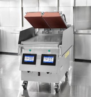 Garland XPG24-Q916 double platen electric grill, superb condition, 240V 3 phase, controls visible, on casters.