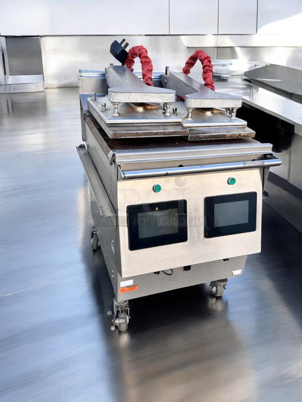 Garland XPG24-Q916 double platen electric grill, superb condition, 240V 3-phase, touch controls, on casters, fully tested.