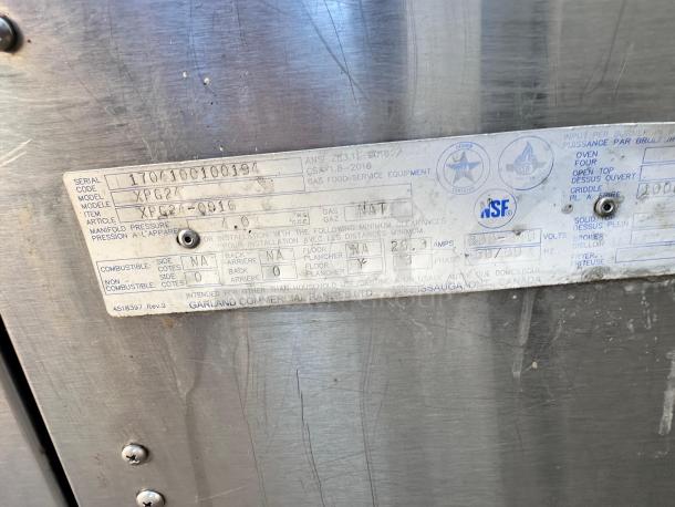 Alt text: Garland XPG24-Q916 electric grill label, showing model, 240V, 3 phase, NSF certified, made in Canada.