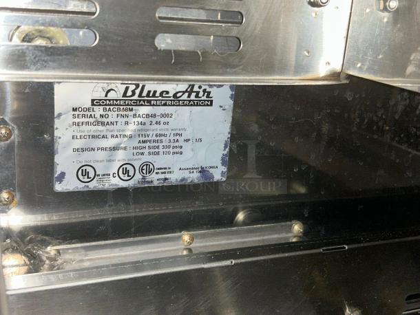 Blue Air BACB48M Refrigerated Chef Base label, showing model, serial number, refrigerant, electrical rating, and UL certifications.