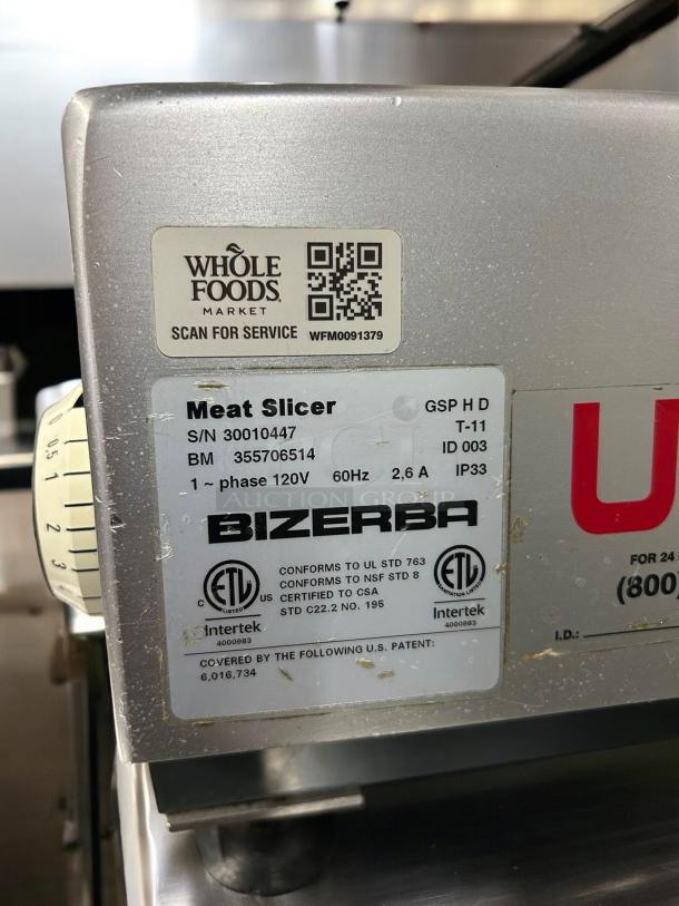 Bizerba GSP HD Automatic Meat Slicer, immaculate condition, 120V, fully tested, serial number 30010447, Whole Foods label.