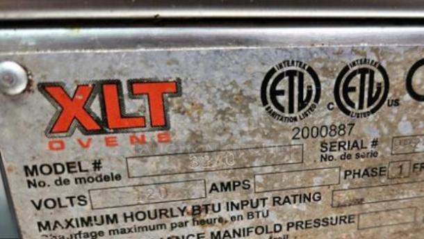 XLT 3240 Gas Conveyor Pizza Oven label, showing model, volts, and ETL certifications. Outstanding condition, tested.