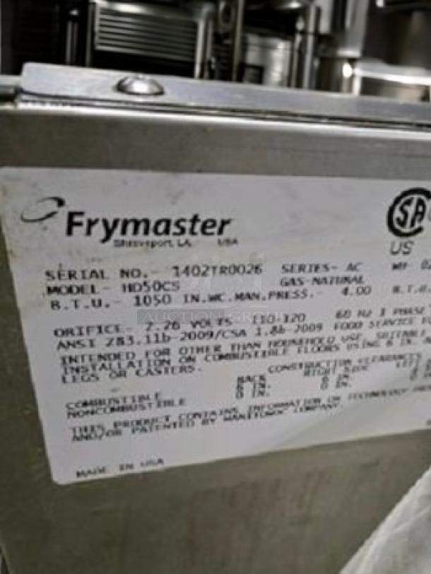 Frymaster HD50C gas fryer label showing model, serial number, and specifications. Made in USA.