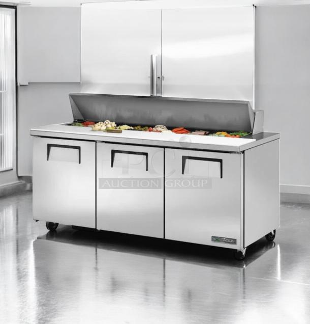 True TSSU-72-18 sandwich/salad prep table refrigerator, 3-door, excellent condition, fully tested, 115V, stainless steel.