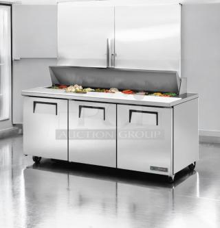 True TSSU-72-18 sandwich/salad prep table refrigerator, 3-door, excellent condition, fully tested, 115V, stainless steel.