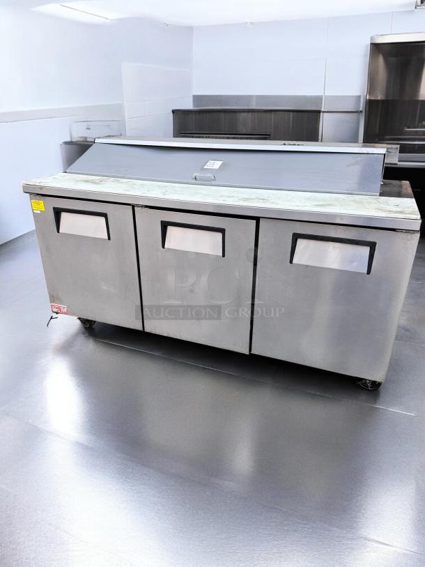 True TSSU-72-18 3-door sandwich/salad prep table refrigerator, excellent condition, stainless steel, tested, 115V.