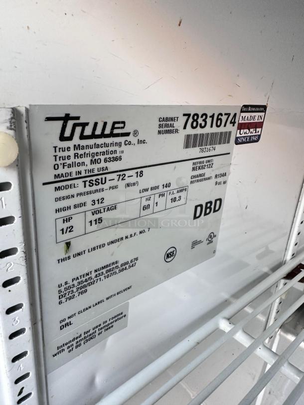 True TSSU-72-18 sandwich/salad prep table label, showing model, serial number, 115V, made in USA, excellent condition.