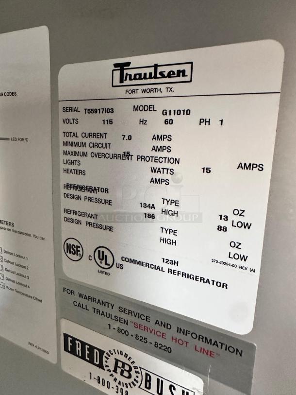 Traulsen G11010 commercial refrigerator label, 115V, fully tested and working, NSF and UL listed, excellent condition.