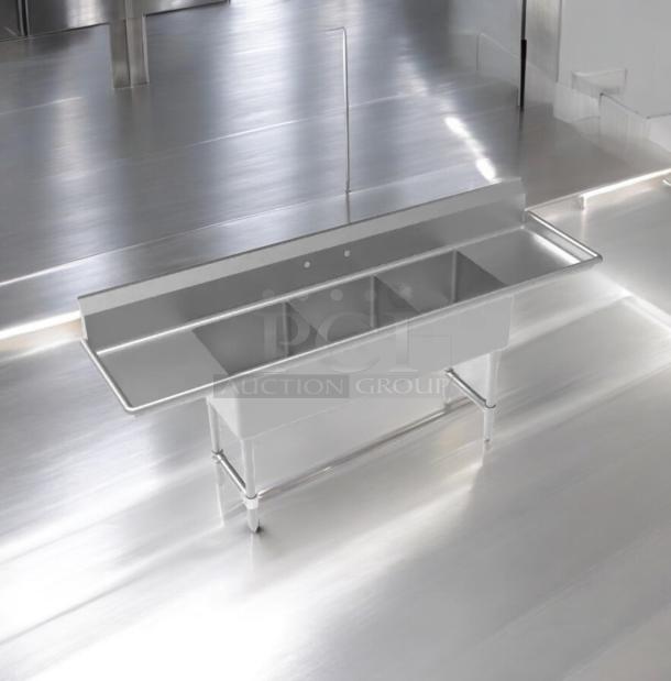 Allstrong S3B181 stainless steel 3-compartment sink with dual drainboards, NSF certified, excellent condition, fully tested.