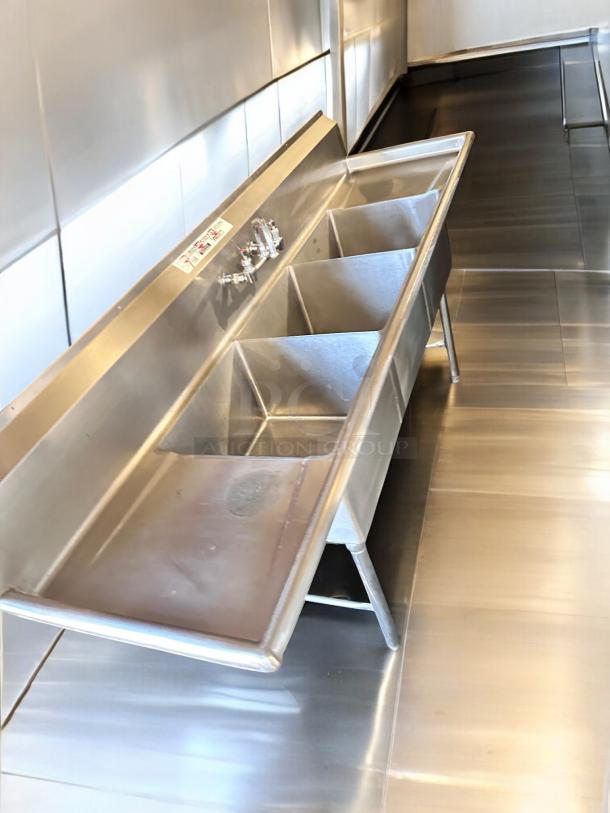 Allstrong S3B181 stainless steel 3-compartment sink with dual drainboards, excellent condition, NSF certified, fully tested.