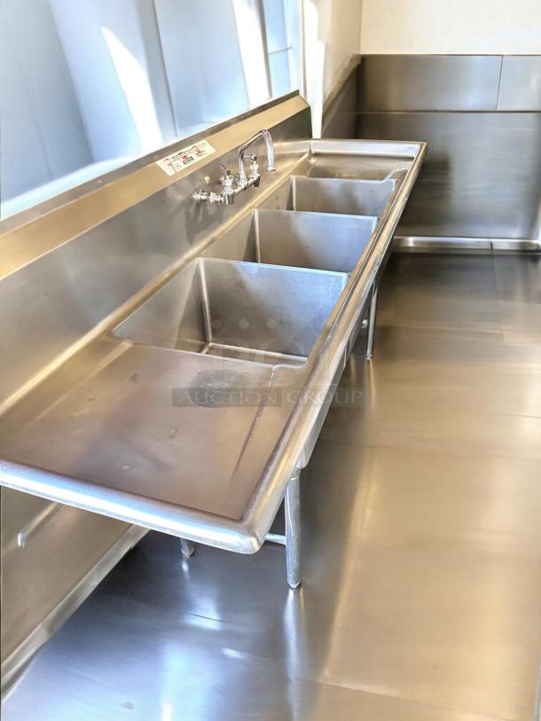 Allstrong S3B181 stainless steel 3-compartment sink with dual drainboards, excellent condition, NSF Certified.