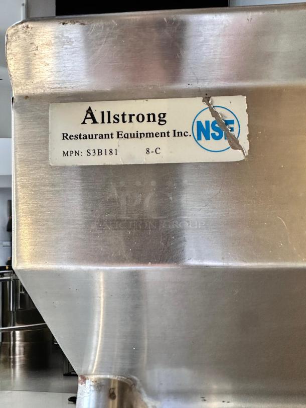 Allstrong S3B181 3-compartment stainless steel sink with dual drainboards, NSF certified, excellent condition, tested and working.