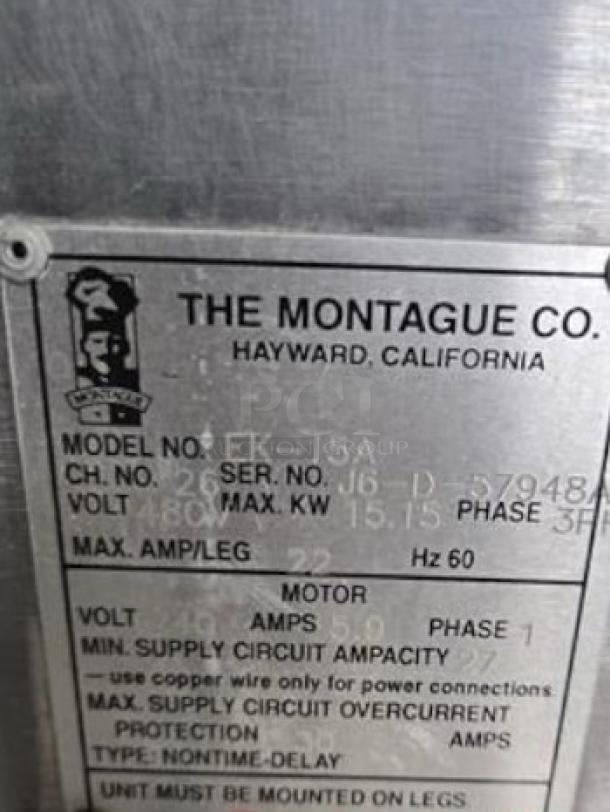 Metal label showing Montague EK-15A double stack electric convection oven details and specifications.