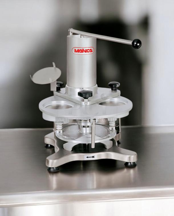 Immaculate MAINCA MH-120 INT manual hamburger patty press, 2020 model, made in Spain, fully tested, metallic finish.