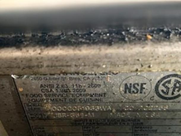 American Range ARRB-36 gas radiant charbroiler label, showing ANSI, CSA, and NSF certifications.
