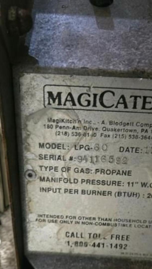 MagiCater LPG-60 portable outdoor gas charbroiler, excellent condition, propane-fueled, 120,000 BTU, fully tested.