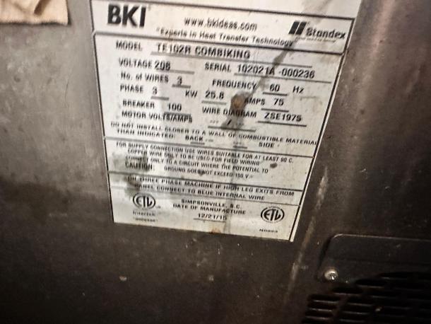 BKI TE1028 CombiKing Oven label, showing model, voltage (208V), phase (3), amps (75), and serial number details.