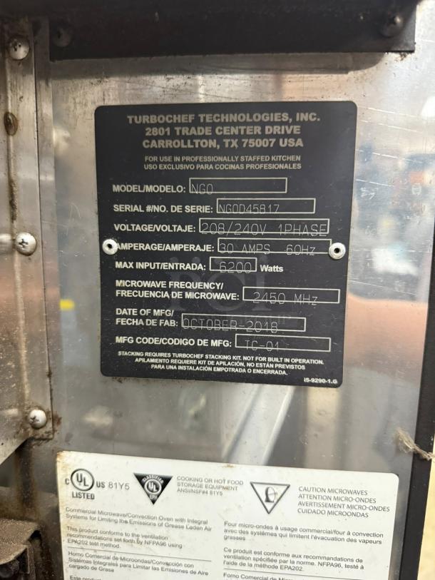 TurboChef Sota oven model and specs label, showing voltage 208/240V, manufactured October 2018, in excellent working condition.