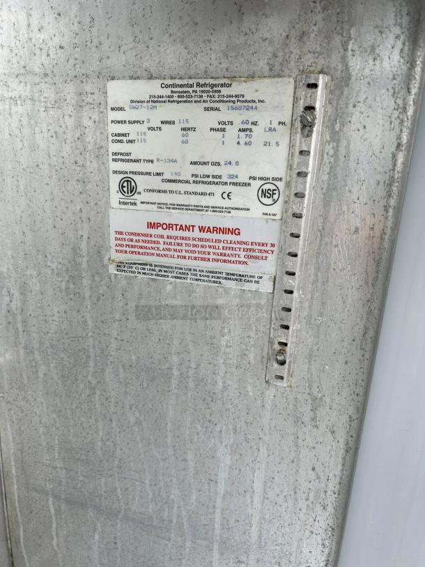 Continental SW27-12M label showing model, serial 15687244, 115V power, refrigerant R-134A, and NSF certification.