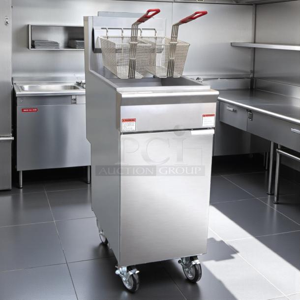 Brand new Black Diamond BDGF-ES35/NG 35 lb Energy Star natural gas fryer, stainless steel, with dual baskets on wheels.