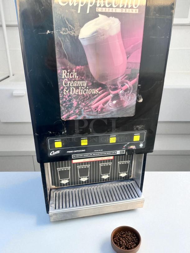 Wilbur Curtis PC-4D-10-01 4-flavor cappuccino dispenser in superb condition, fully tested, 120V, vibrant poster on top.