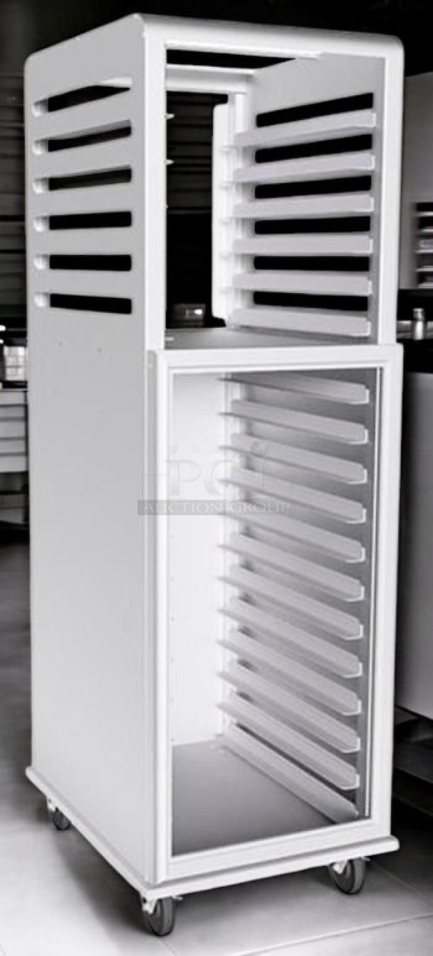 Brand new Lockwood 1220-UN aluminum sheet pan rack cabinet, 20 pan capacity, fully assembled, on casters, silver finish.