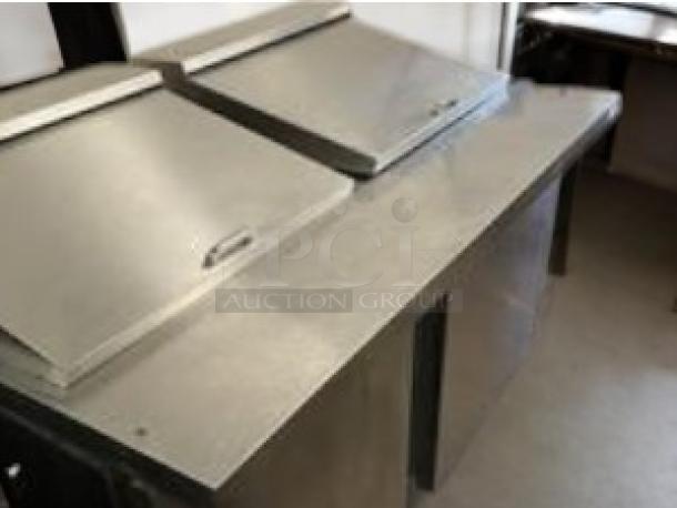 Continental Refrigeration dual-lid sandwich/salad prep table in superb condition, fully tested, 115V, stainless steel.