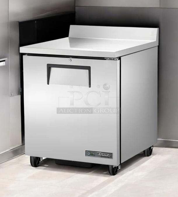 True TWT-27-HC single door undercounter refrigerator in superb condition, featuring stainless steel finish and backsplash, 115V, fully tested.