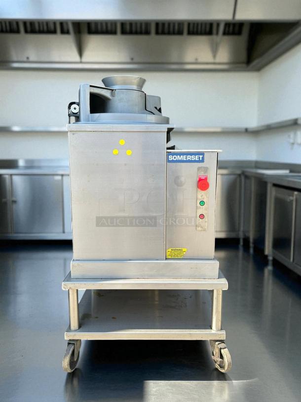 Somerset SDR-400 Dough Divider, excellent condition, metal finish, visible control panel, yellow warning label, on wheels.