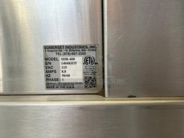 Somerset SDR-400 Dough Divider label: Model SDR-400, 115V, 8.8A, 50/60Hz, 1 Phase, Serial 1404K035, Made in the USA.