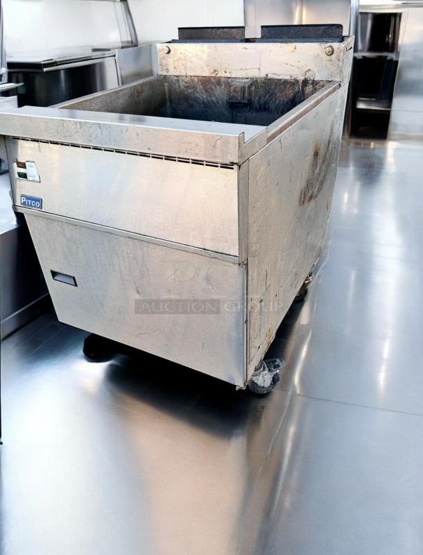 Pitco Frialator FBG24 gas floor fryer in superb condition, 120,000 BTU/hr, 115V, fully tested and working, stainless steel exterior.