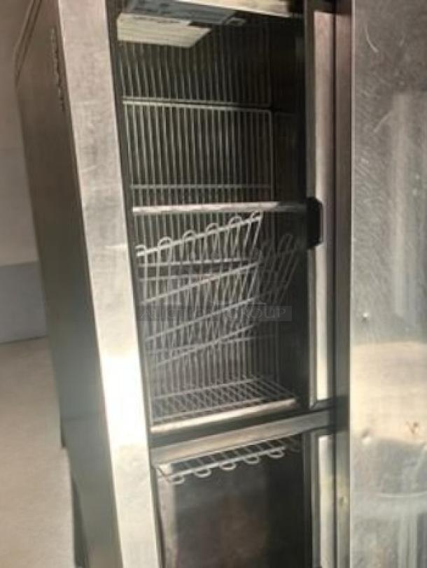 Turbo Air TBC-50SB-N6 bottle cooler, superb condition, 50", stainless steel, 115V, interior shelves visible, fully tested.