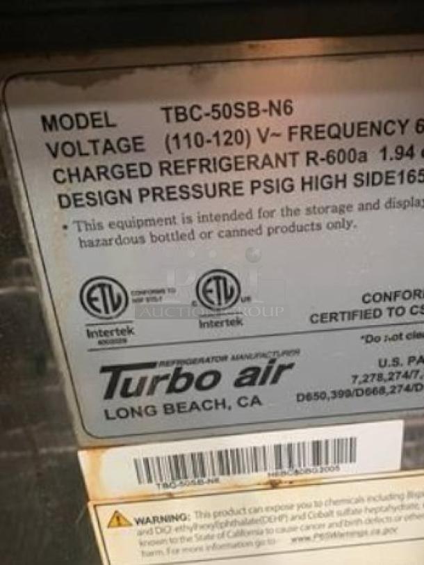 Turbo Air TBC-50SB-N6 label showing model, voltage, certifications, and refrigerant details. Fully tested 50" bottle cooler in superb condition.
