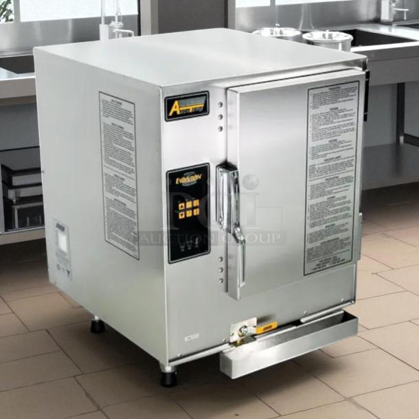 "AccuTemp Steam 'N' Hold electric steamer in outstanding condition, tested and working, 208/240V, stainless steel exterior."