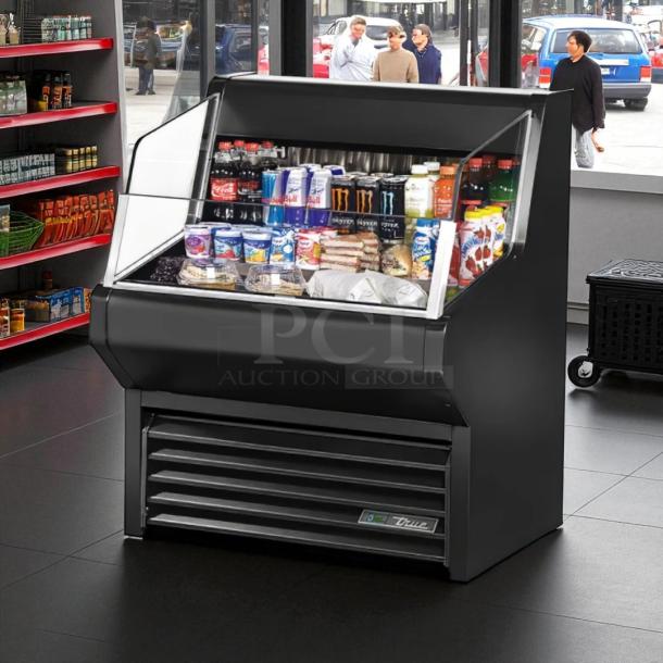 True THAC-36 air curtain merchandiser, pristine condition, 36-inch display, fully tested, stocked with assorted beverages and snacks.